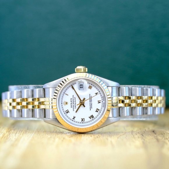 ROLEX DATEJUST WHITE ROMAN DIAL 18K GOLD FLUTED JUBILEE TWOTONE WATCH 26MM 69173 - Picture 3 of 13